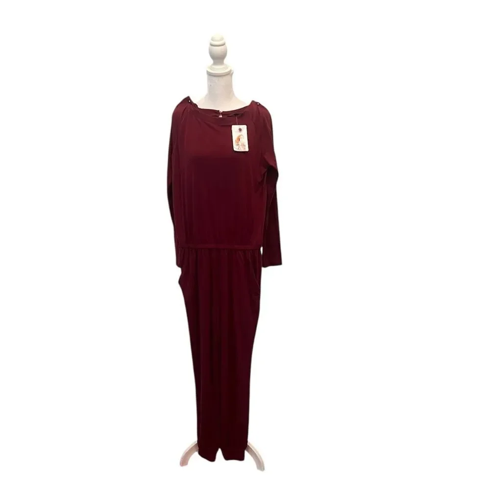 NWT Pretty Garden size small long sleeve elastic waist pockets burgundy jumpsuit